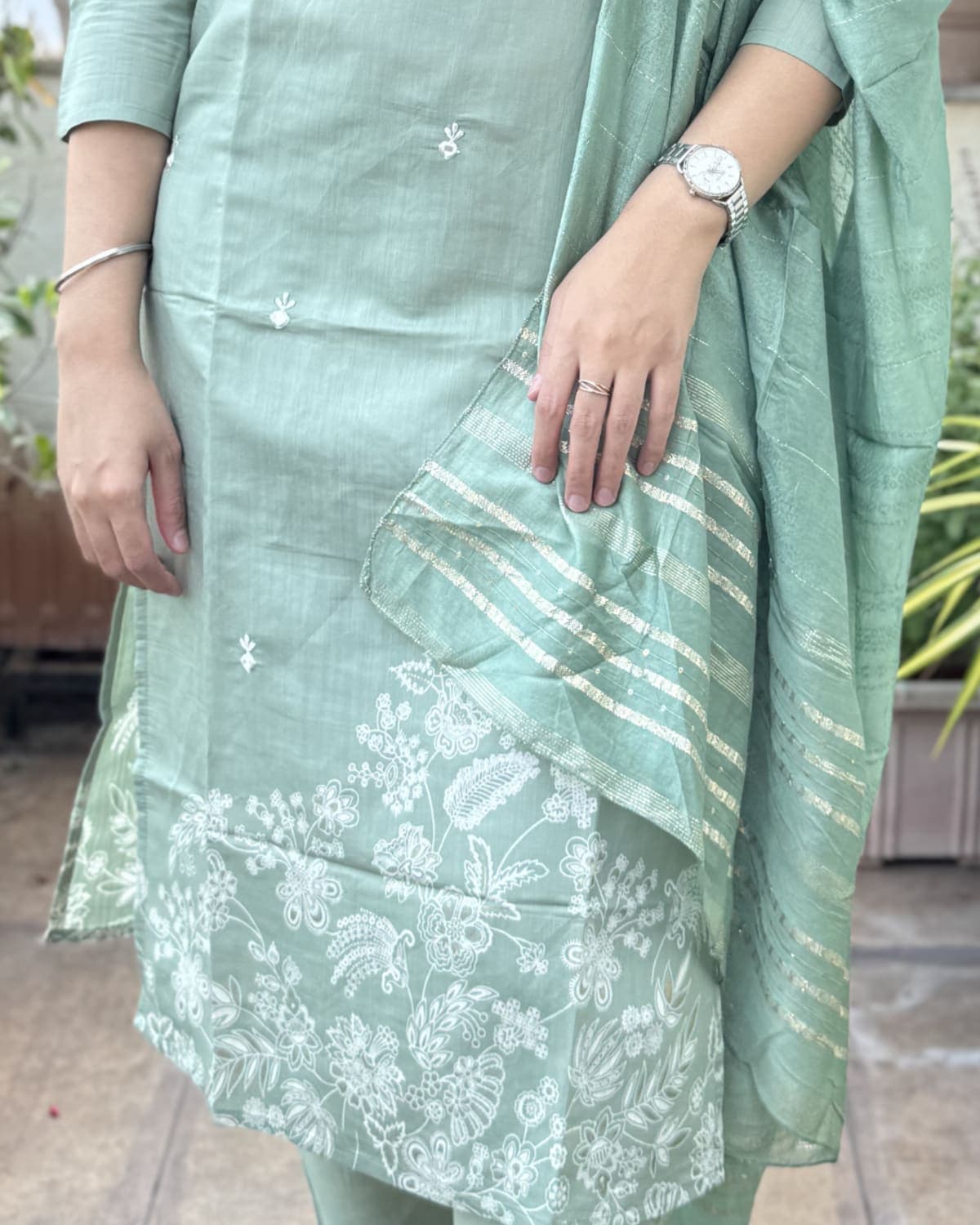 Sarika - Pastel Green Roman Silk Suit — view 3