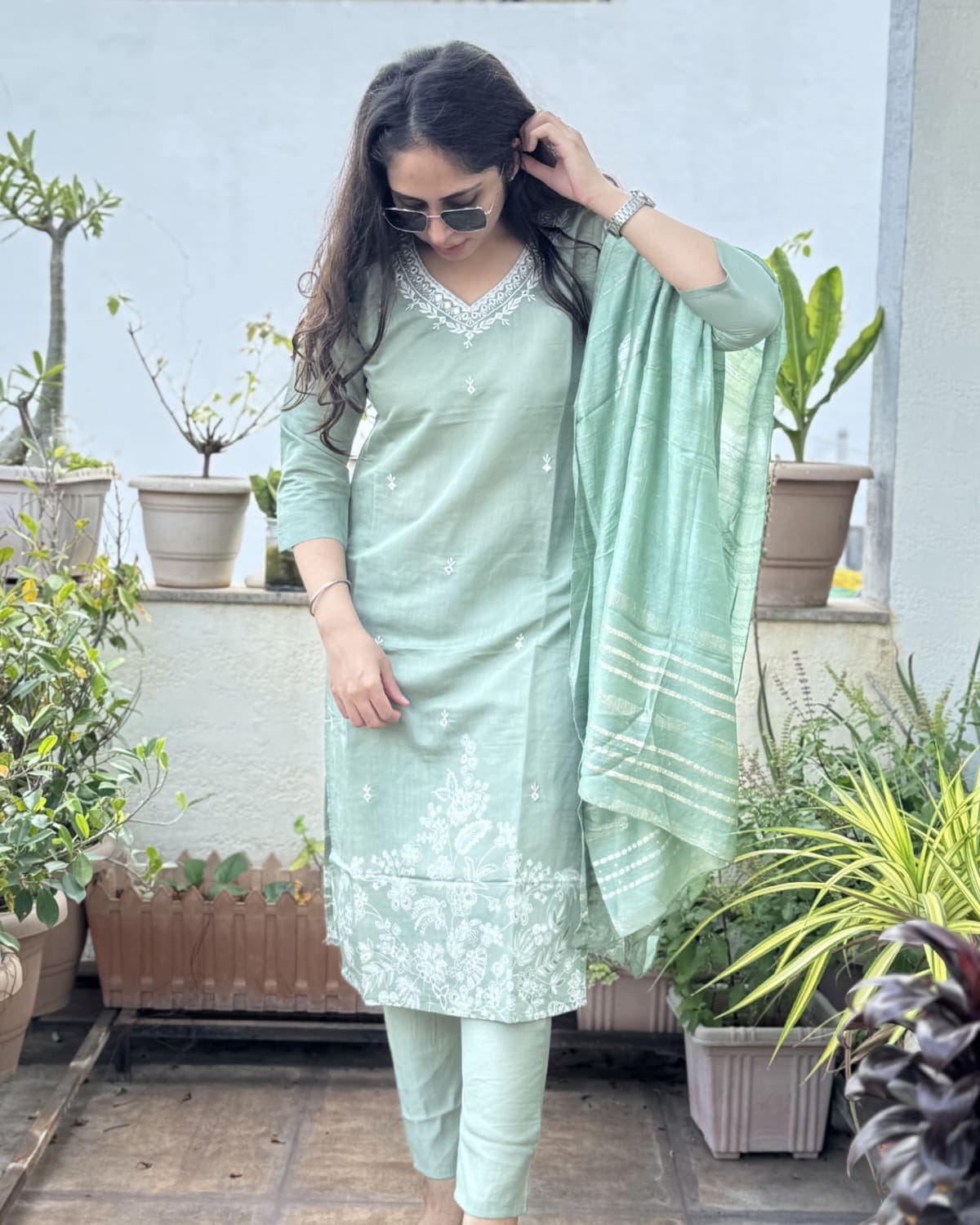 Sarika - Pastel Green Roman Silk Suit — view 4