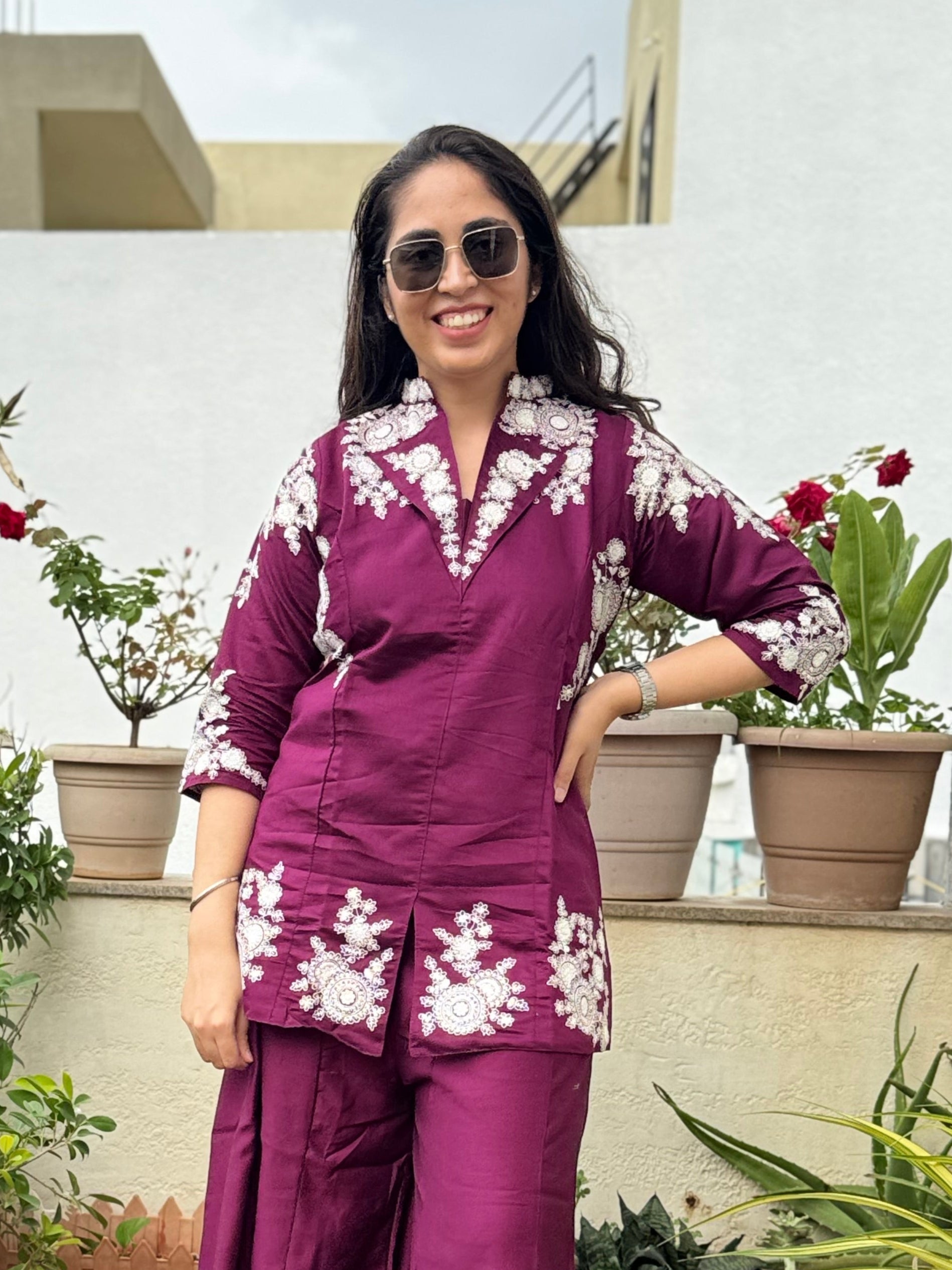 Shailee – Wine Threadwork Co-ord Set