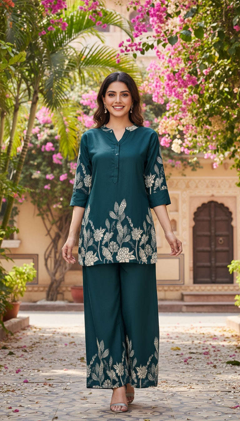 Vritti – Deep Teal Floral Co-ord Set