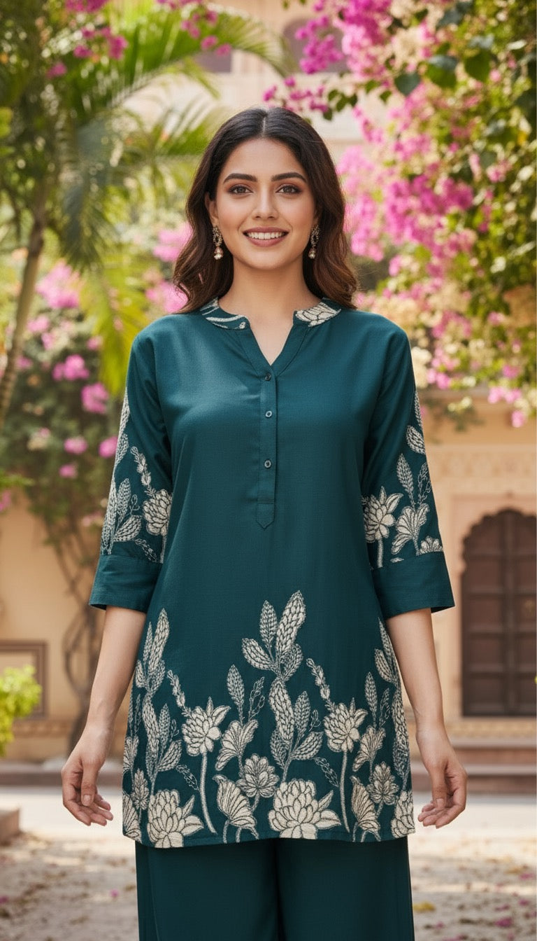 Vritti – Deep Teal Floral Co-ord Set