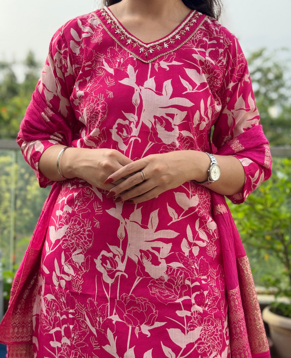 Khusbhoo — Rani Pink Printed Suit Set