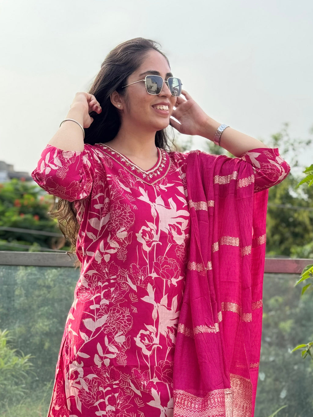 Khusbhoo — Rani Pink Printed Suit Set