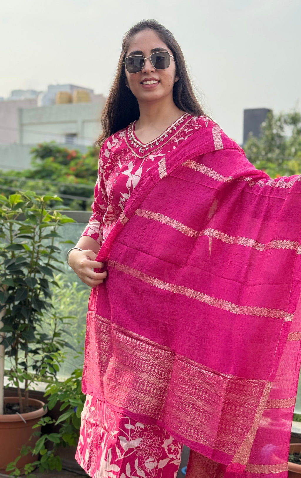 Khusbhoo — Rani Pink Printed Suit Set