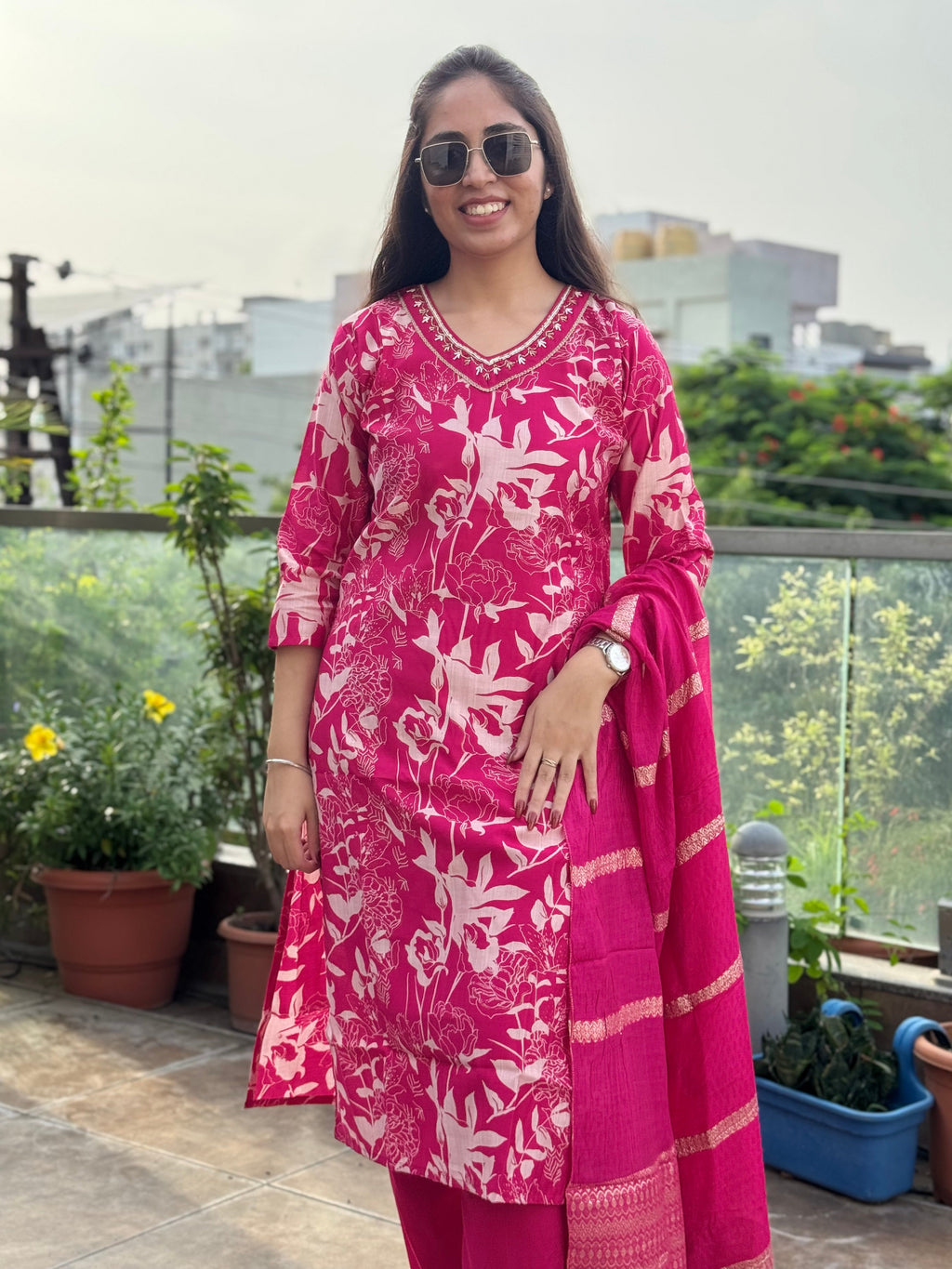 Khusbhoo — Rani Pink Printed Suit Set